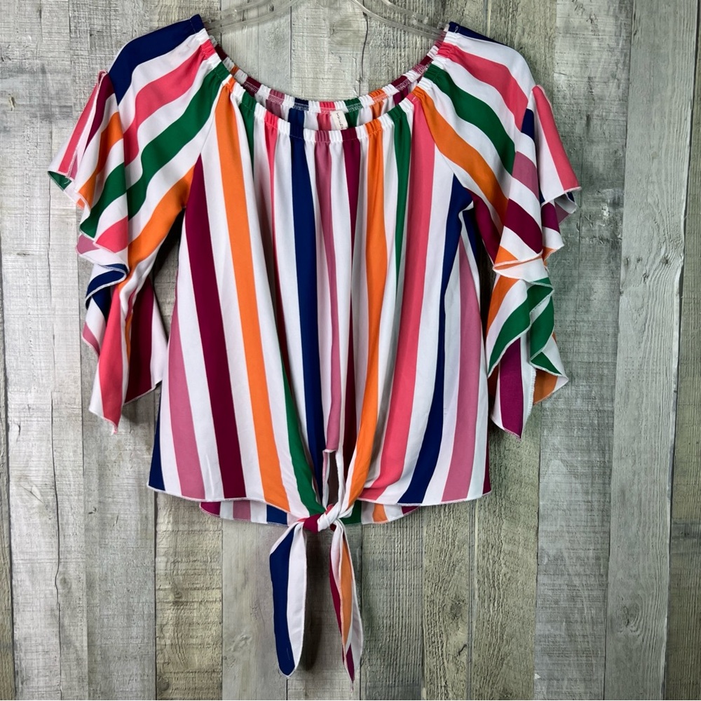 TYCHE Small Striped Bell Sleeves w/Tie Front W/Wear on the Shoulders or around